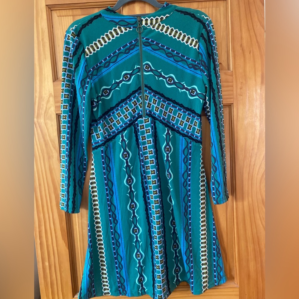 Free People Stella Green Print Mini Dress Mock Neck Long Sleeve Boho Fit Flare M